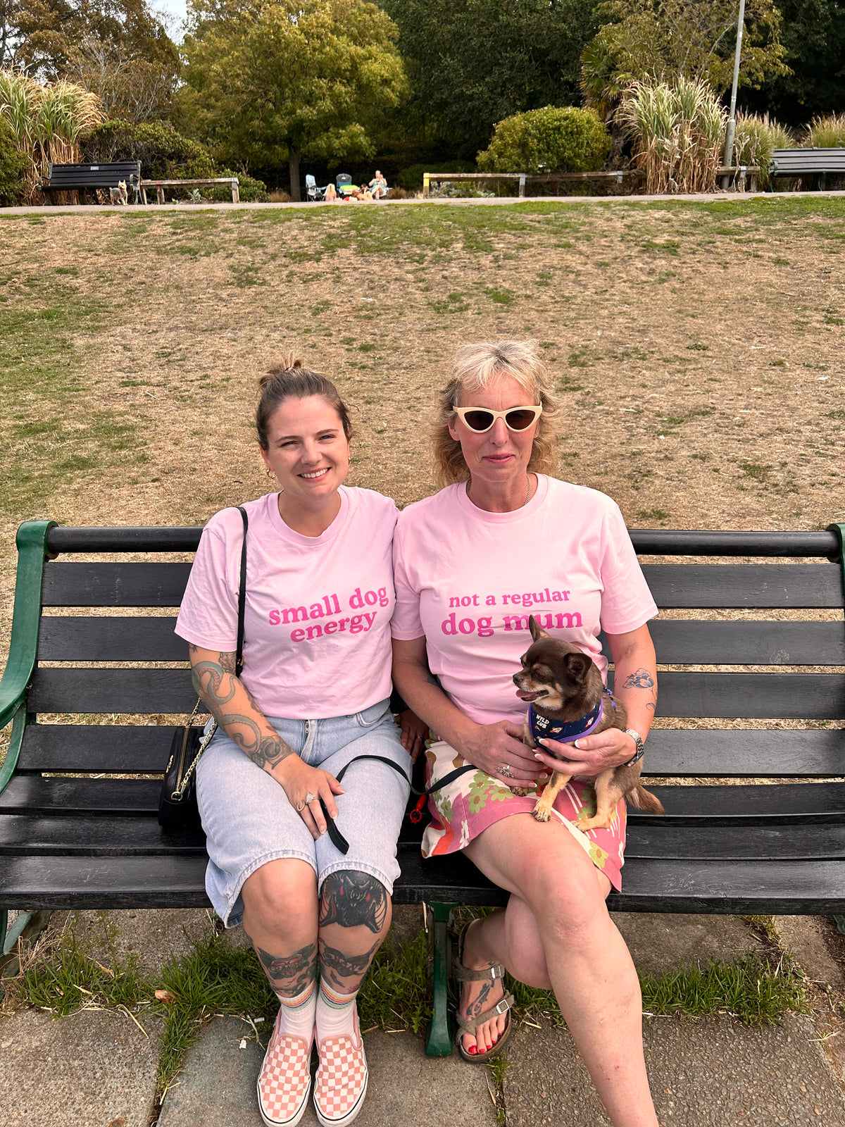 Two women wearing pink small dog energy T-shirts, seated on a bench with a small dog.