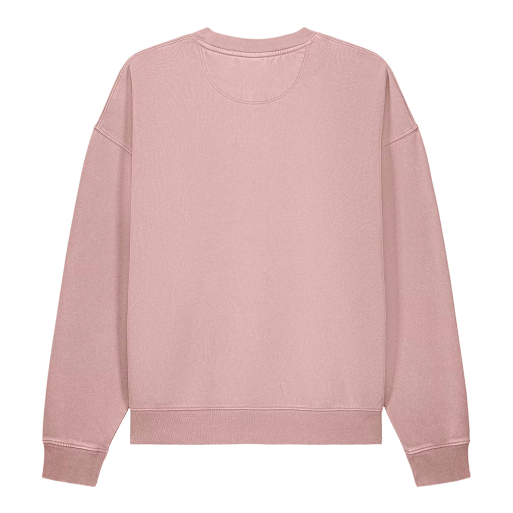 A dusty pink crewneck sweatshirt with dropped shoulders and ribbed cuffs and hem, shown flat against a white background.