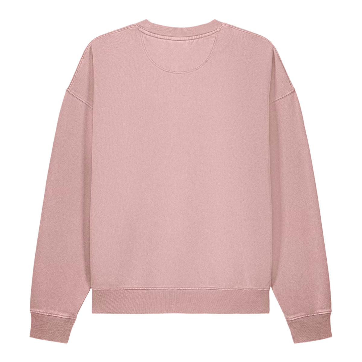 A dusty pink crewneck sweatshirt with dropped shoulders and ribbed cuffs and hem, shown flat against a white background.