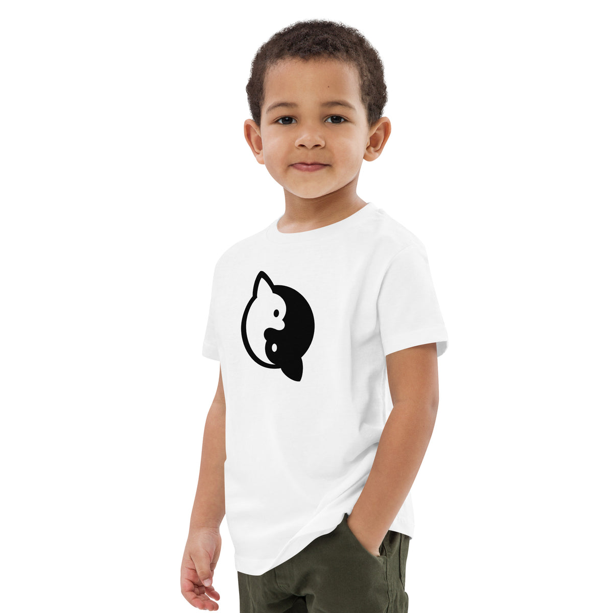 White Chi Club kids’ organic cotton tee with yin-yang Chihuahua design, left-front view