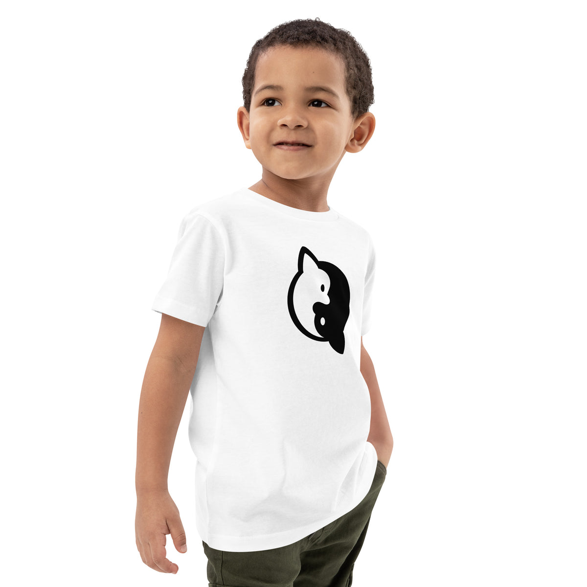 White Chi Club kids’ organic cotton tee with yin-yang Chihuahua design, right-front view