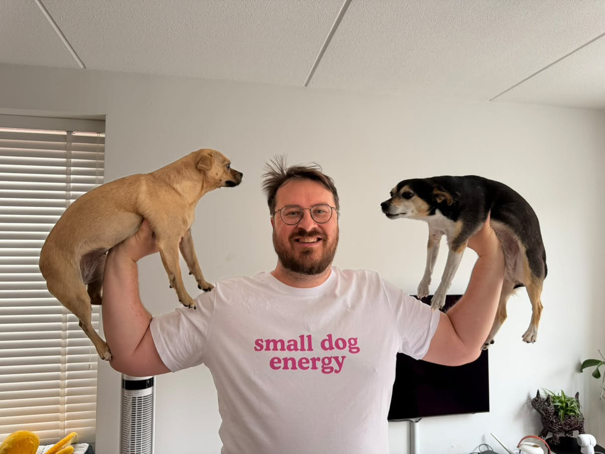 A customer wearing the white small dog energy tee while holding two small dogs.