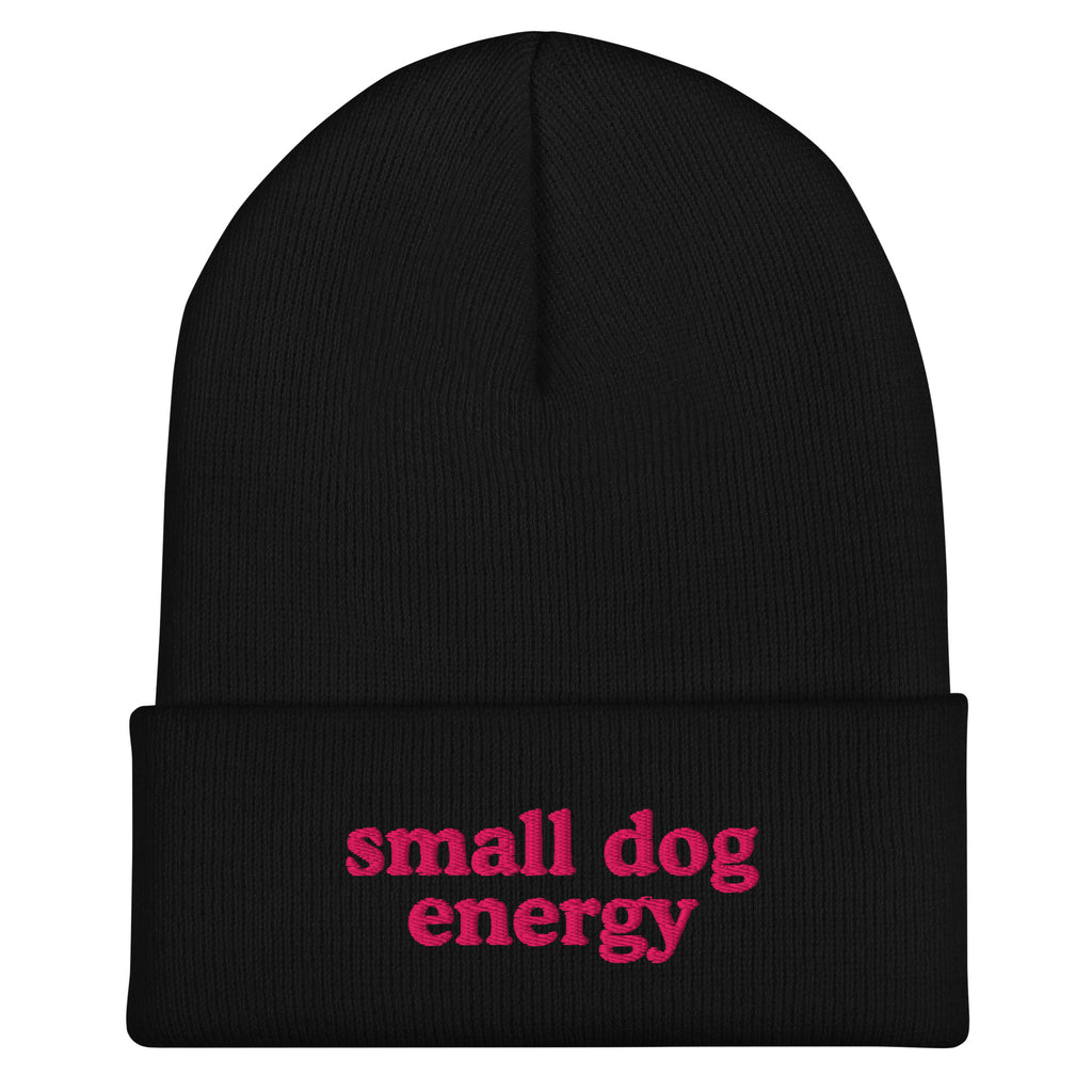 black beanie with pink text that says small dog energy
