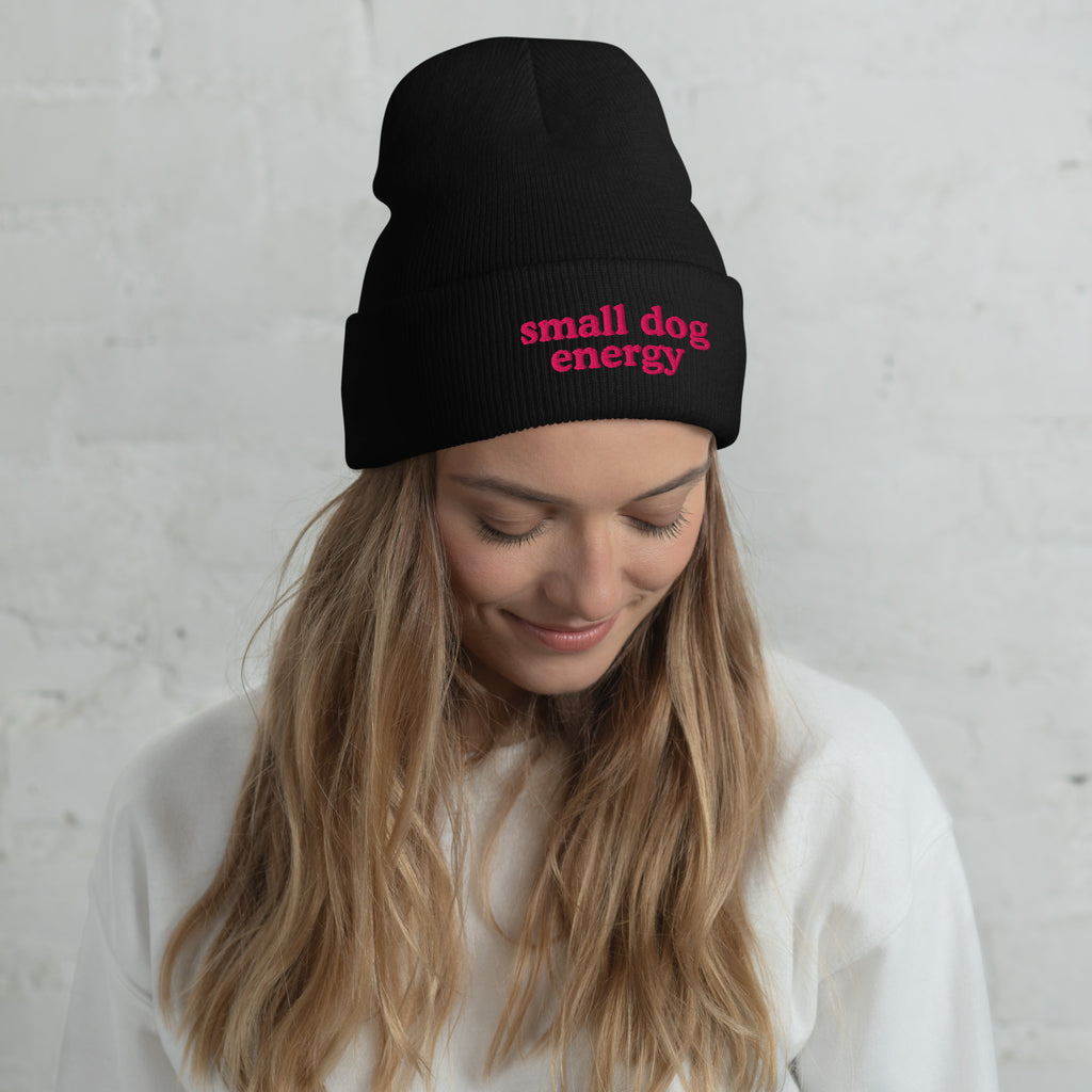 Front view of the small dog energy Embroidered Beanie in black.