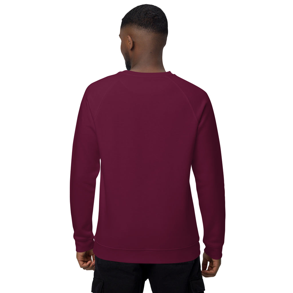 Back view of the Chi Club Organic Raglan Sweatshirt in burgundy.