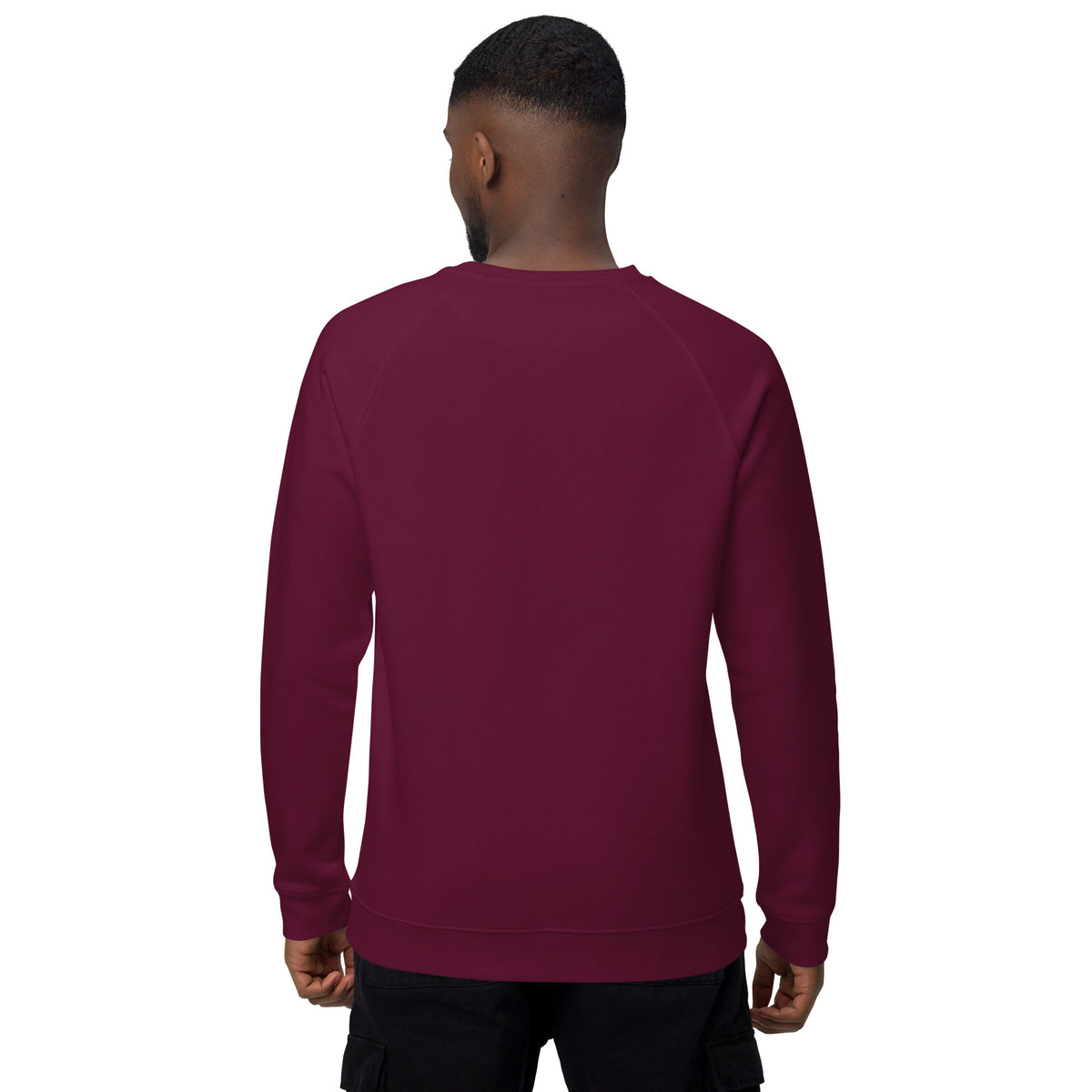 Back view of the Chi Club Organic Raglan Sweatshirt in burgundy.