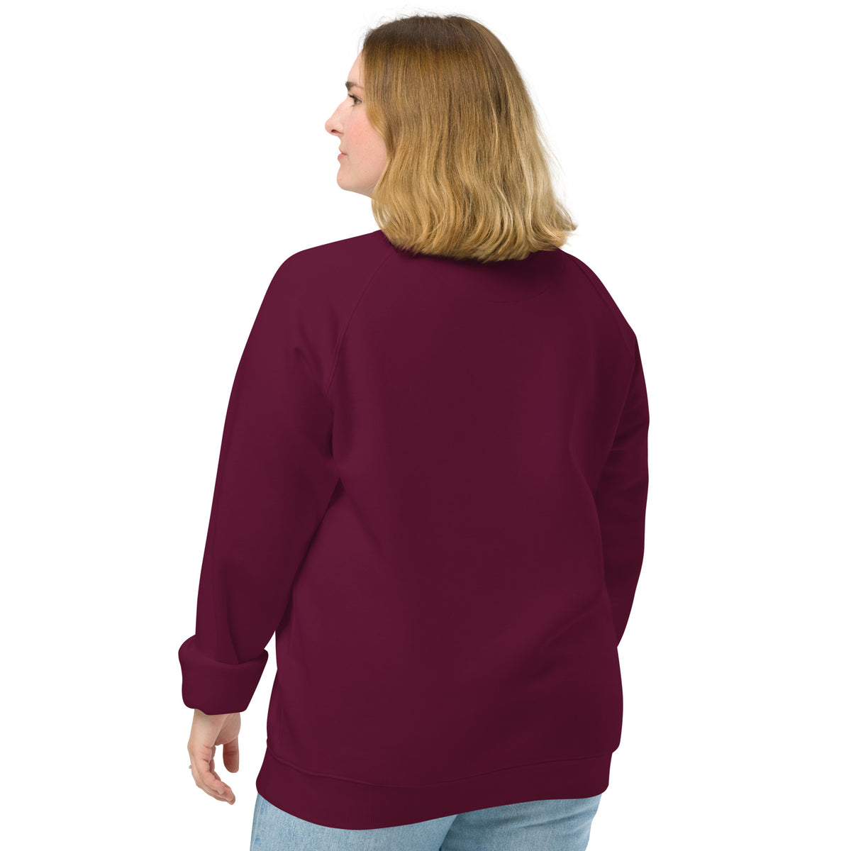 Back view of the Chi Club Organic Raglan Sweatshirt in burgundy.