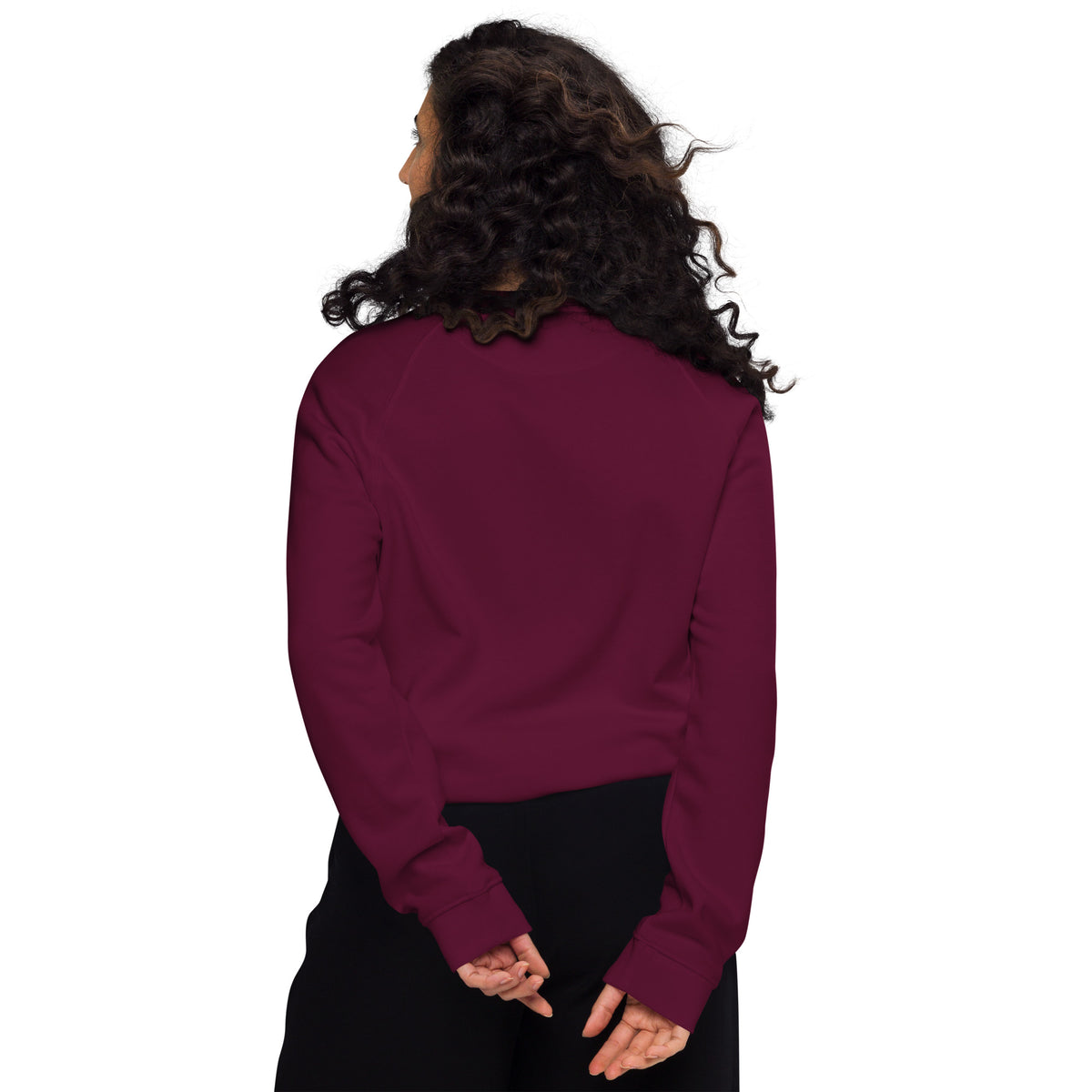 Back view of the Chi Club Organic Raglan Sweatshirt in burgundy.