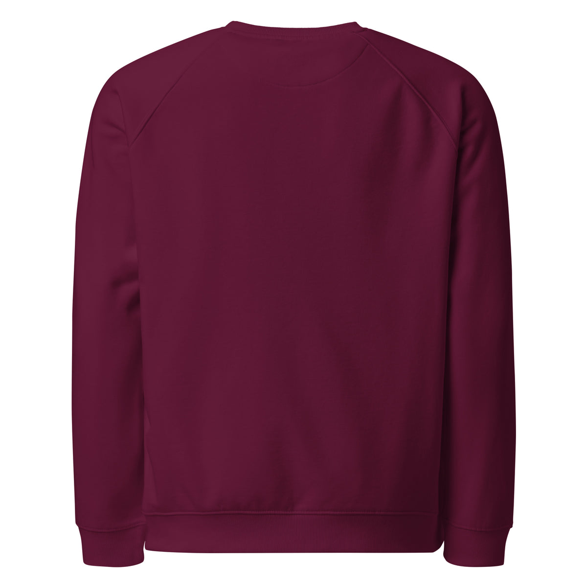 Back view of the Chi Club Organic Raglan Sweatshirt in burgundy.