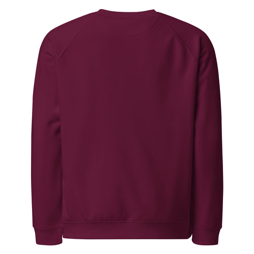 Back view of the Chi Club Organic Raglan Sweatshirt in burgundy.