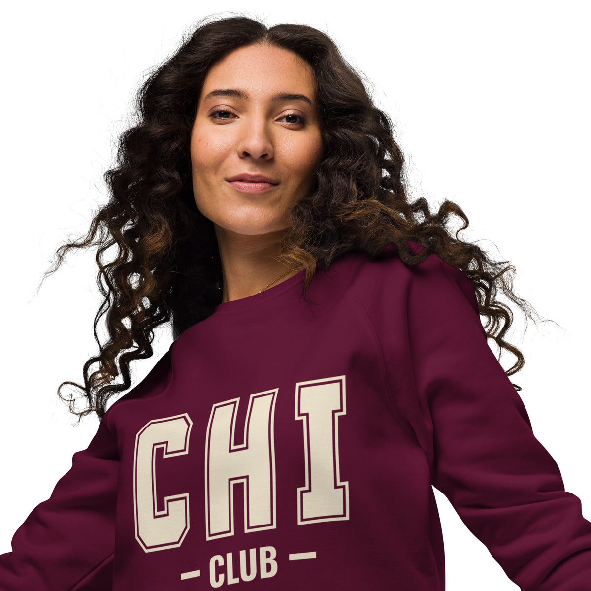 Front view of the Chi Club Organic Raglan Sweatshirt in burgundy.