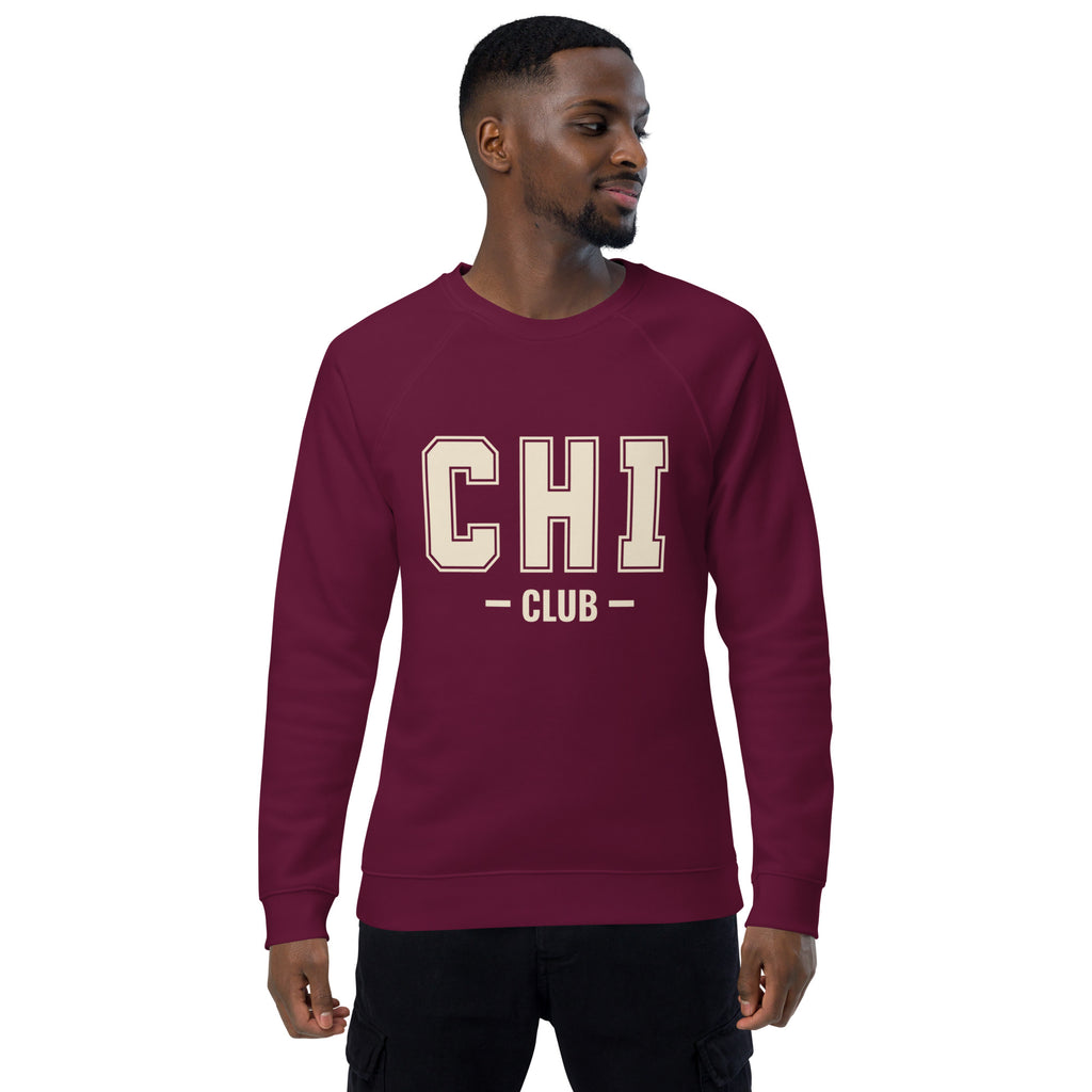 Front view of the Chi Club Organic Raglan Sweatshirt in burgundy.