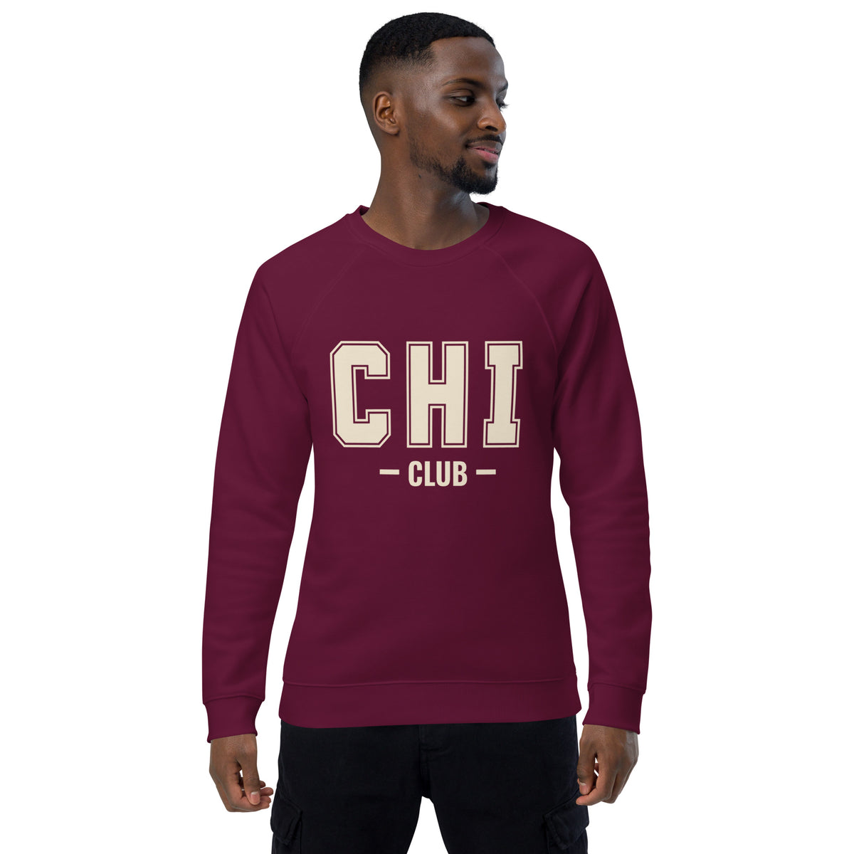 Front view of the Chi Club Organic Raglan Sweatshirt in burgundy.