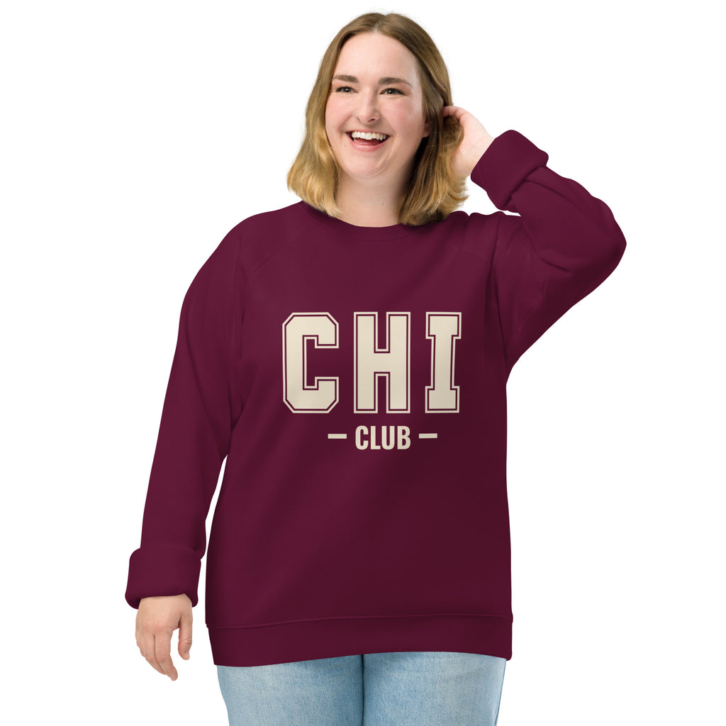 Front view of the Chi Club Organic Raglan Sweatshirt in burgundy.