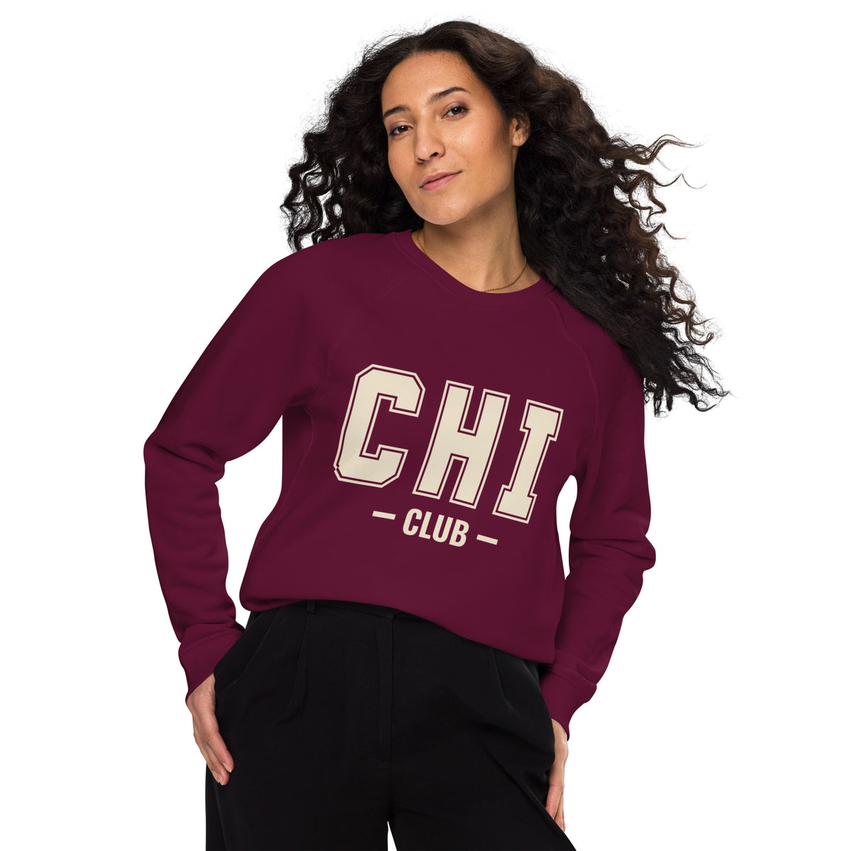 Front view of the Chi Club Organic Raglan Sweatshirt in burgundy.