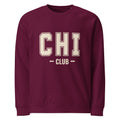 Front view of the Chi Club Organic Raglan Sweatshirt in burgundy.