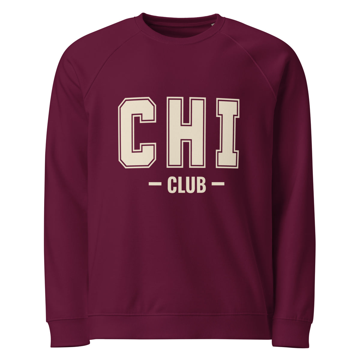 Front view of the Chi Club Organic Raglan Sweatshirt in burgundy.