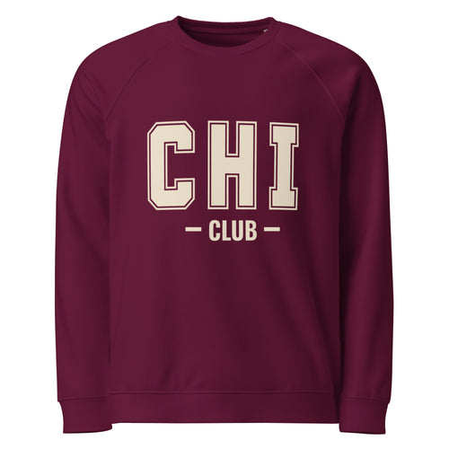 Front view of the Chi Club Organic Raglan Sweatshirt in burgundy.
