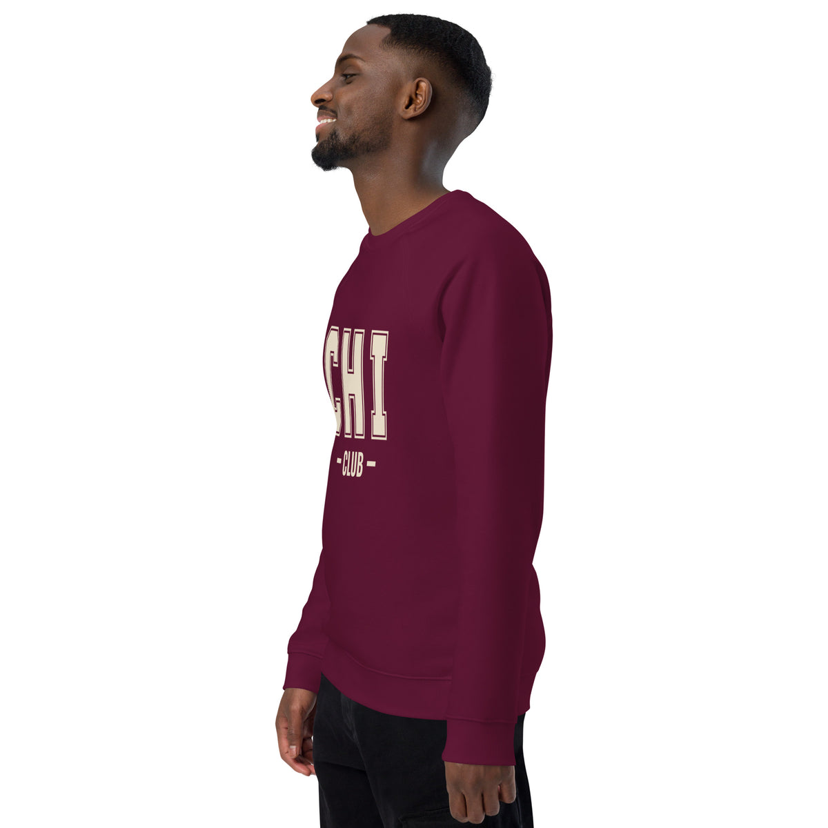 Left-side view of the Chi Club Organic Raglan Sweatshirt in burgundy.
