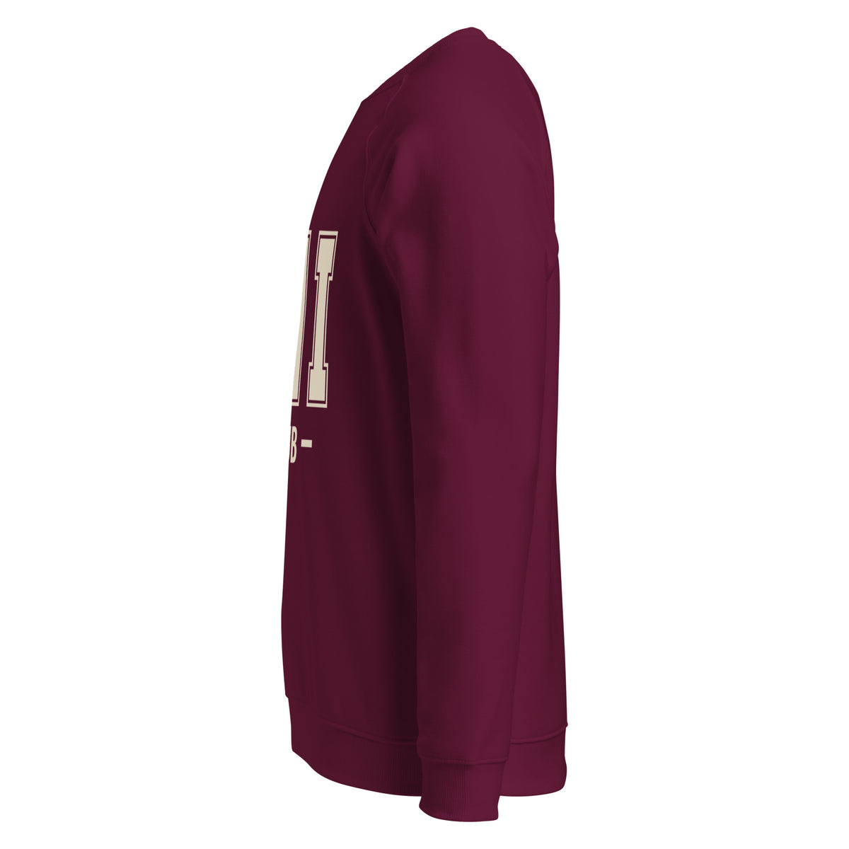 Left-side view of the Chi Club Organic Raglan Sweatshirt in burgundy.