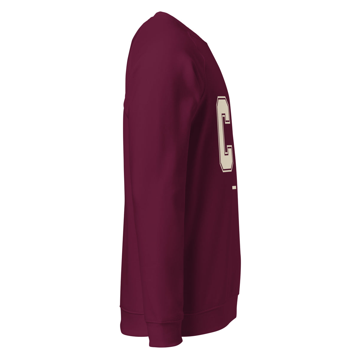 Right-side view of the Chi Club Organic Raglan Sweatshirt in burgundy.