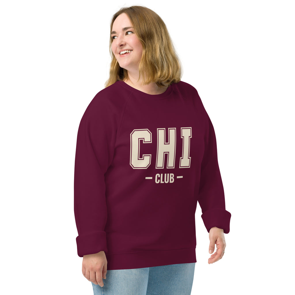 Front and right-side view of the Chi Club Organic Raglan Sweatshirt in burgundy.